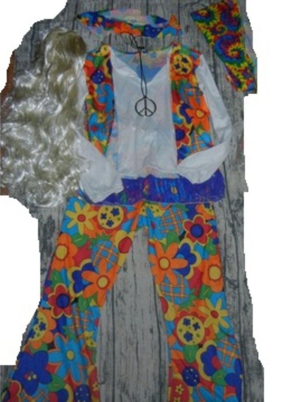 Complete 60's hippie Peace Flower costume & Wig L 12-14